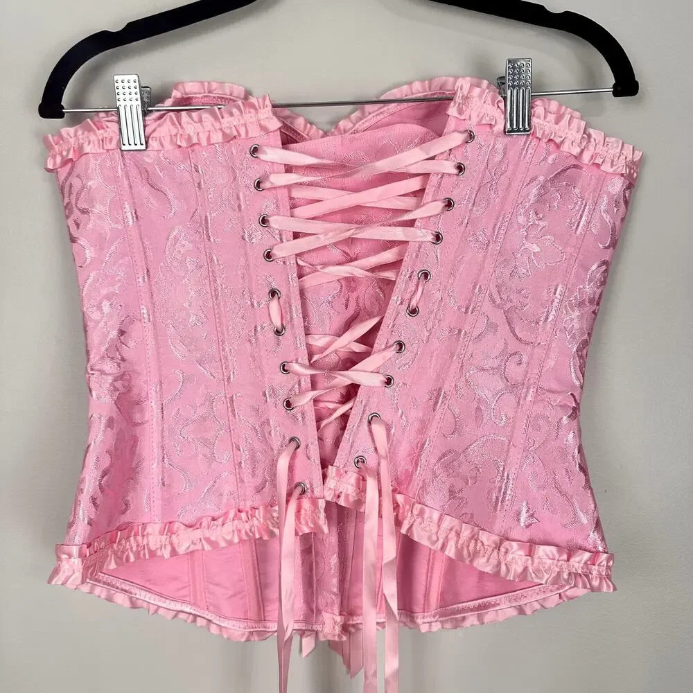 Pink Floral Jacquard Bustier Lace Up Corset Top Ruffle Hem Castle Fairy Small - Picture 5 of 14